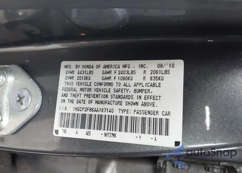 2010 Honda Accord 2.4 Ex-L from USA, damaged, VIN 1HGCP2F86AA167140